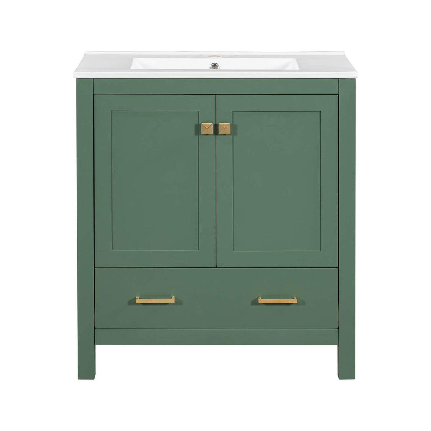 Green bathroom vanity with pre-drilled ceramic sink