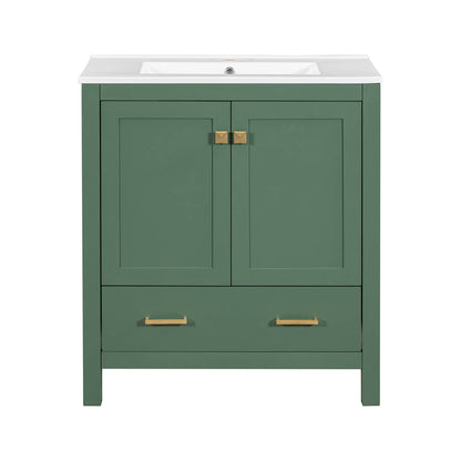 Green bathroom vanity with pre-drilled ceramic sink