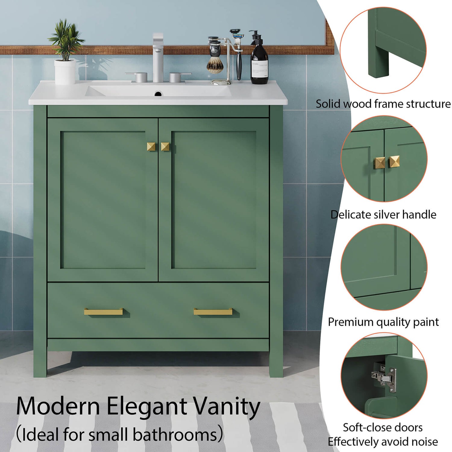 Green vanity with built-in shelf for bathroom essentials