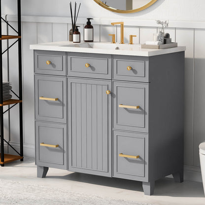 Grey bathroom vanity with ergonomic gold handles for easy use