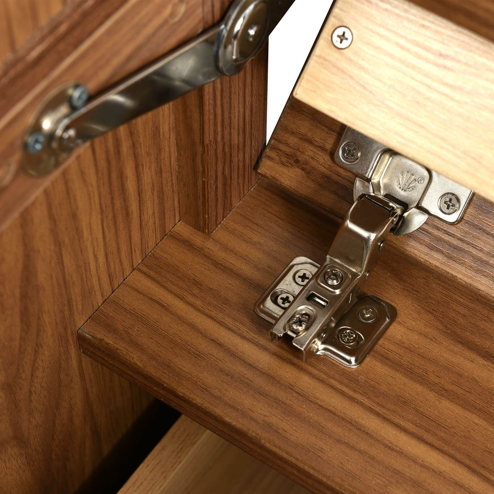 Hinge detail for 24 in natural wood bathroom vanity with 3 drawers