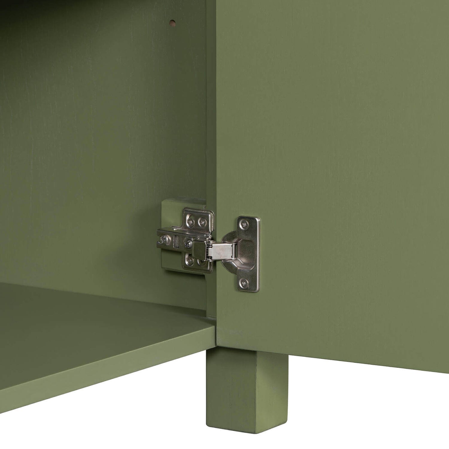 Hinge detail showing 36 inch olive green bathroom vanity with grid patterned doors