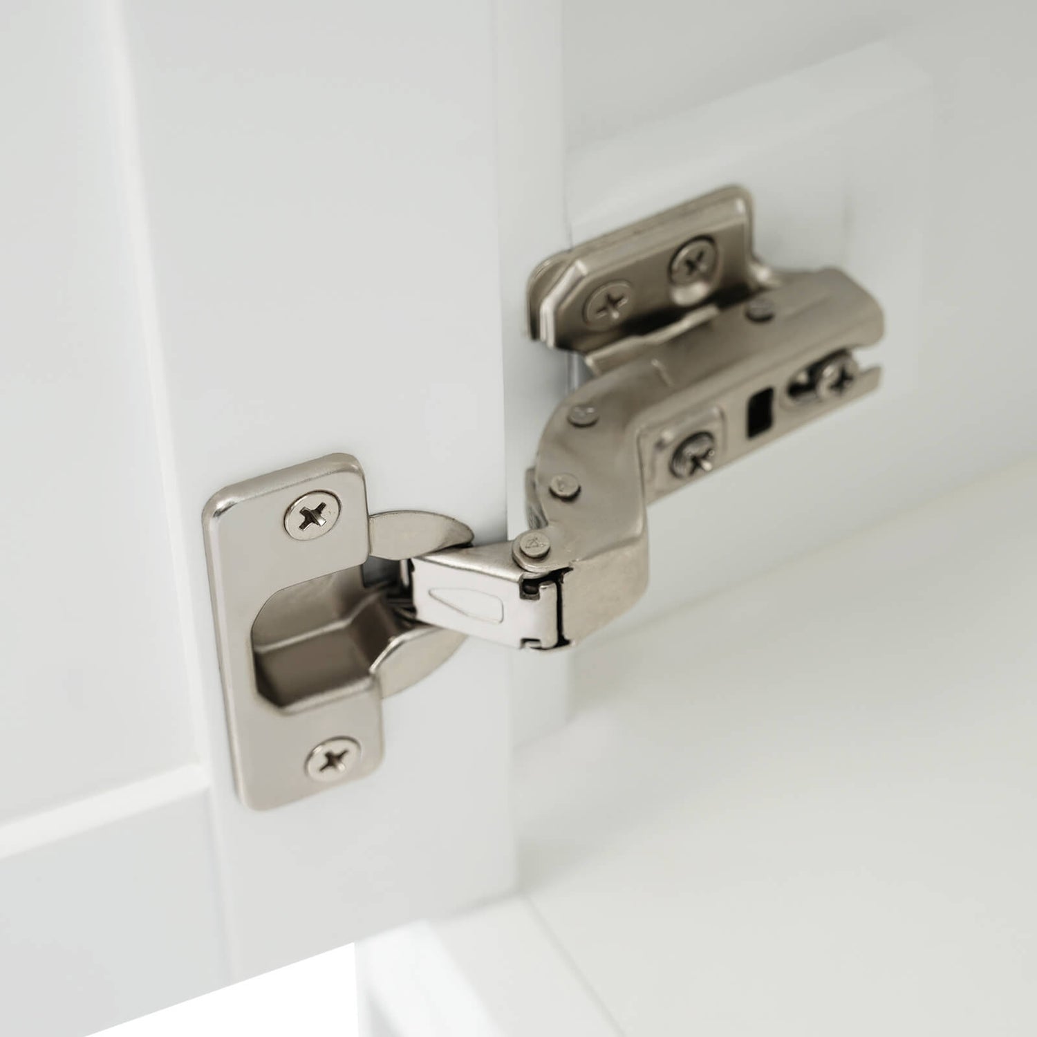 Hinge detail showing 36 white bathroom vanity with left offset sink