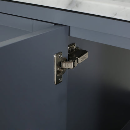 Hinge detail showing the 61 blue gray bathroom vanity with marble top and open shelving