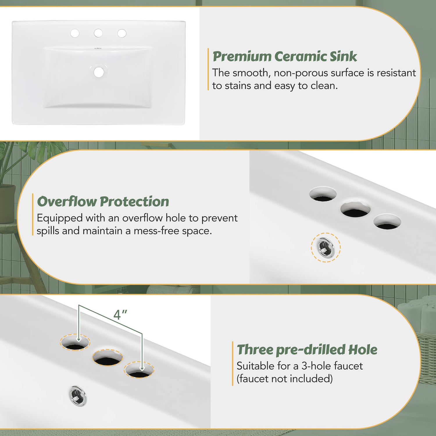 Hole Dimensions Diagram for 30 Inch Sage Green Bathroom Vanity with Undermount Single Sink