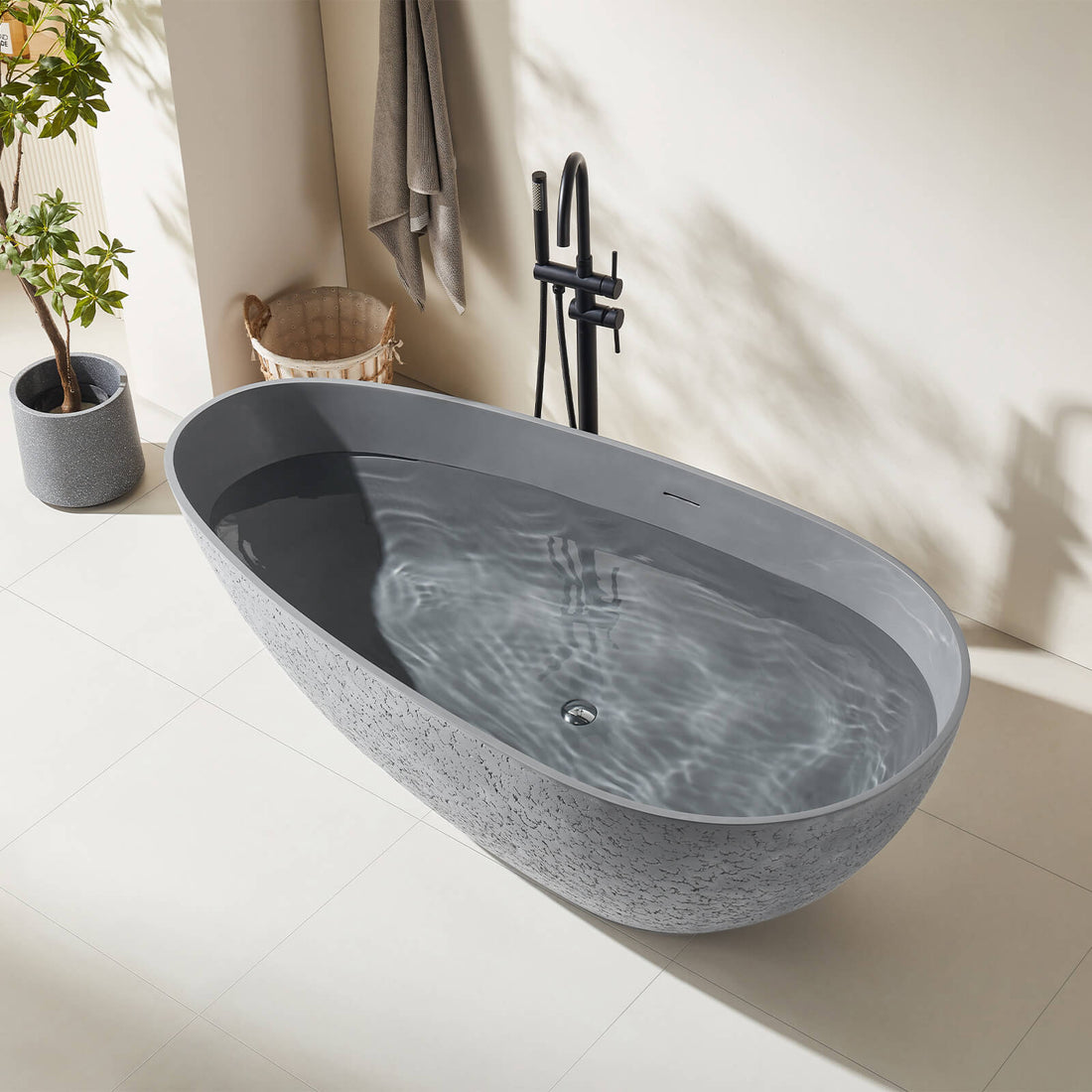 Industrial style 67 inch concrete bathtub with rugged crack patterns