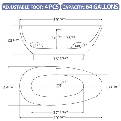 Insulated Acrylic Freestanding Soaking Tub Dimensional Outline