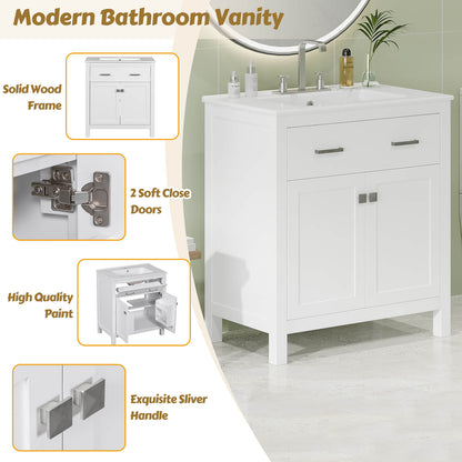 Interior detail of 30 inch white bathroom vanity with undermount single sink