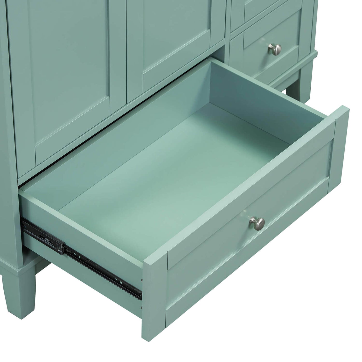 Large left drawer in 36 inch mint green bathroom vanity with integrated USB charging