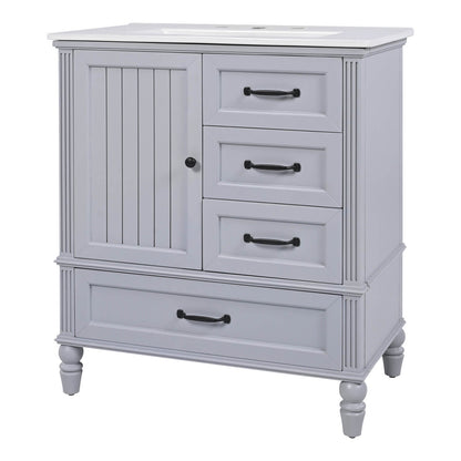 Light Grayish Blue Acacia Wood Vanity with tapered conical legs and bottom storage drawers