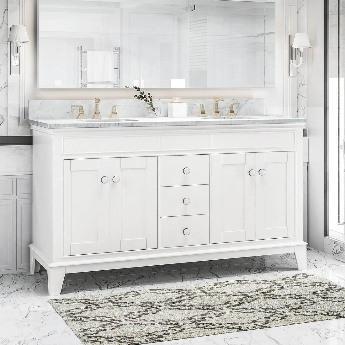 Luxurious 61 Inch White Double Sink Vanity with Water Resistant Backsplash and Ceramic Sinks