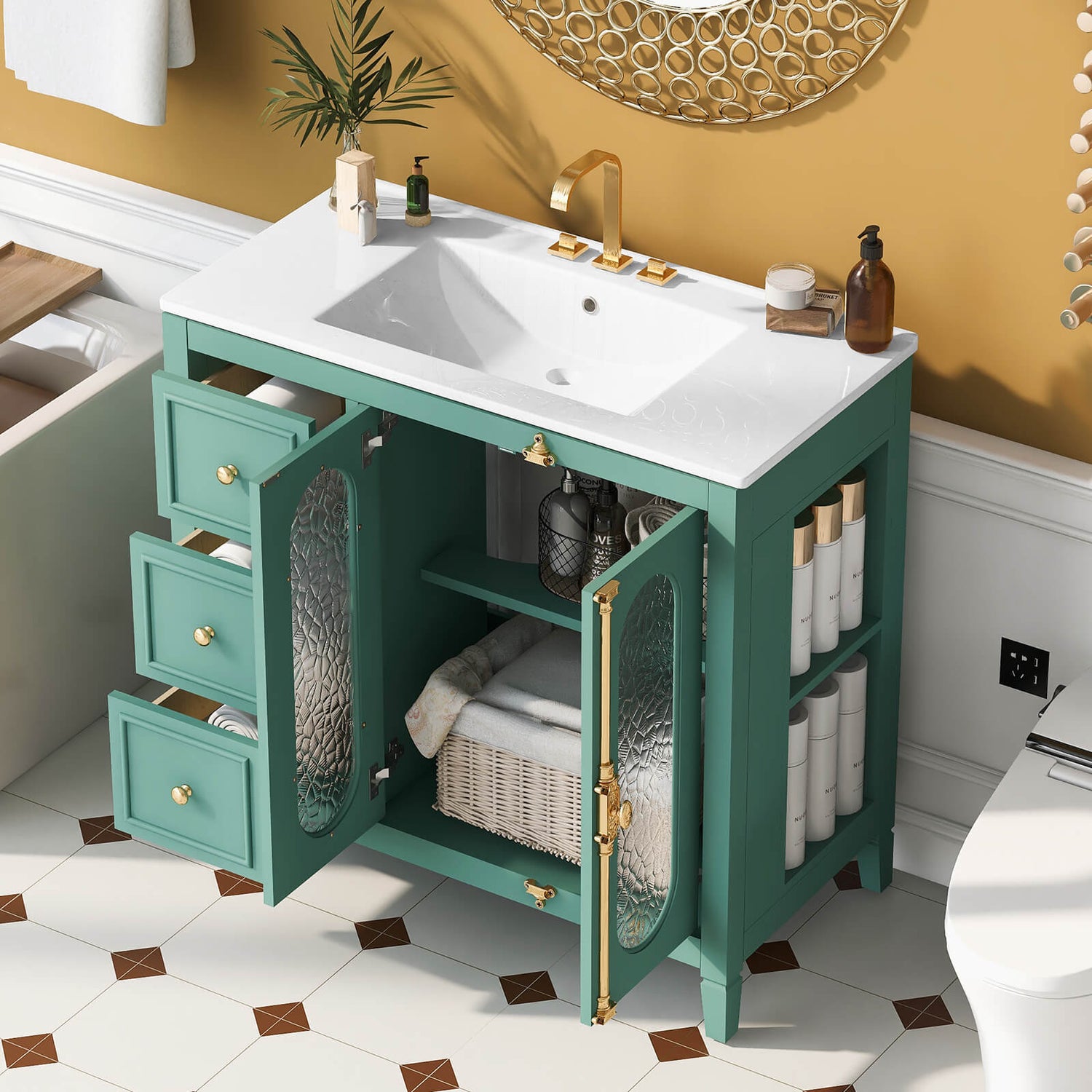 Luxury 36 IN Green Vanity with Water Wave Glass and Gold Details