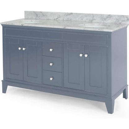 Luxury 61 inch blue grey vanity featuring dual ceramic sinks and sleek backsplash