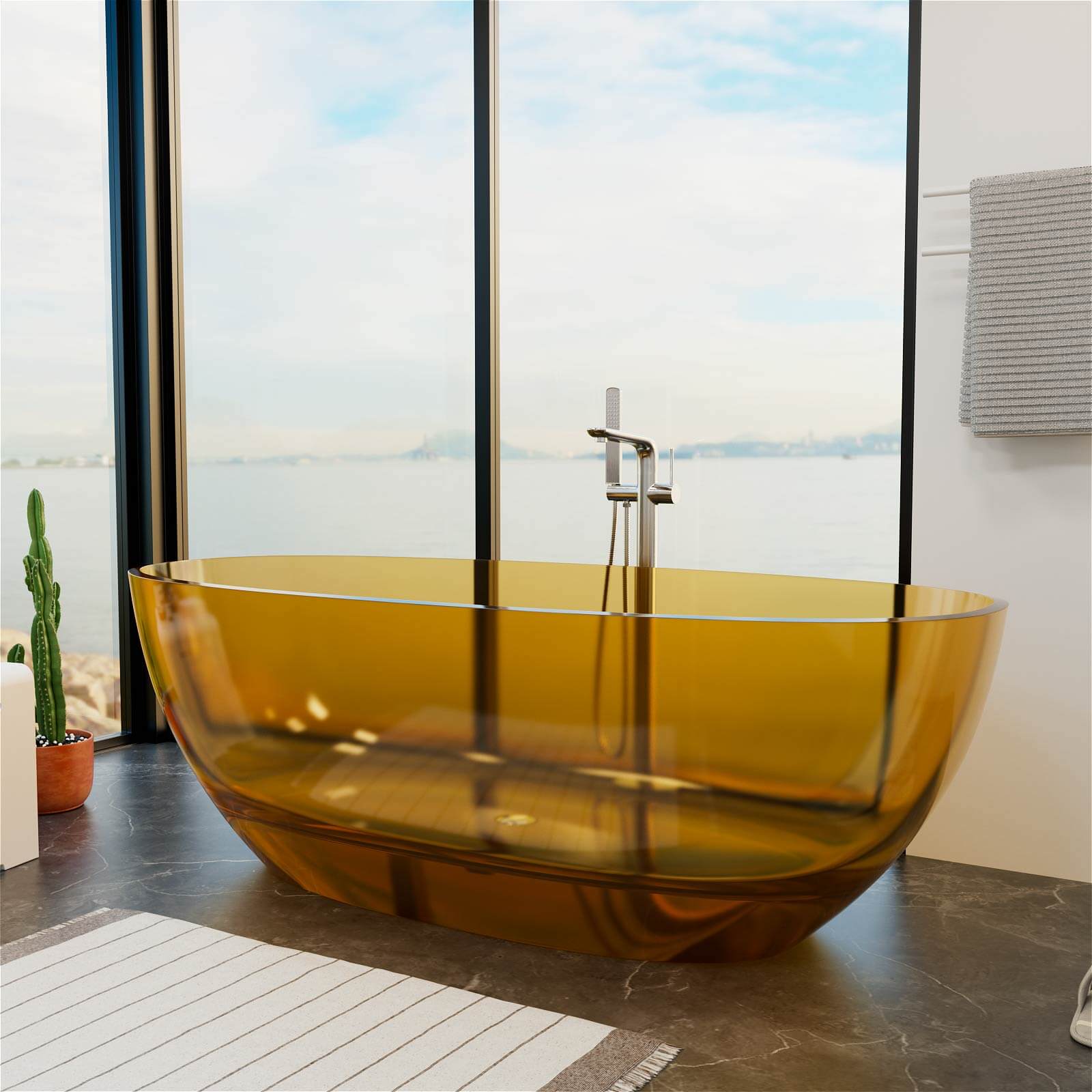 Luxury Orange transparent bathtub with a sleek freestanding design