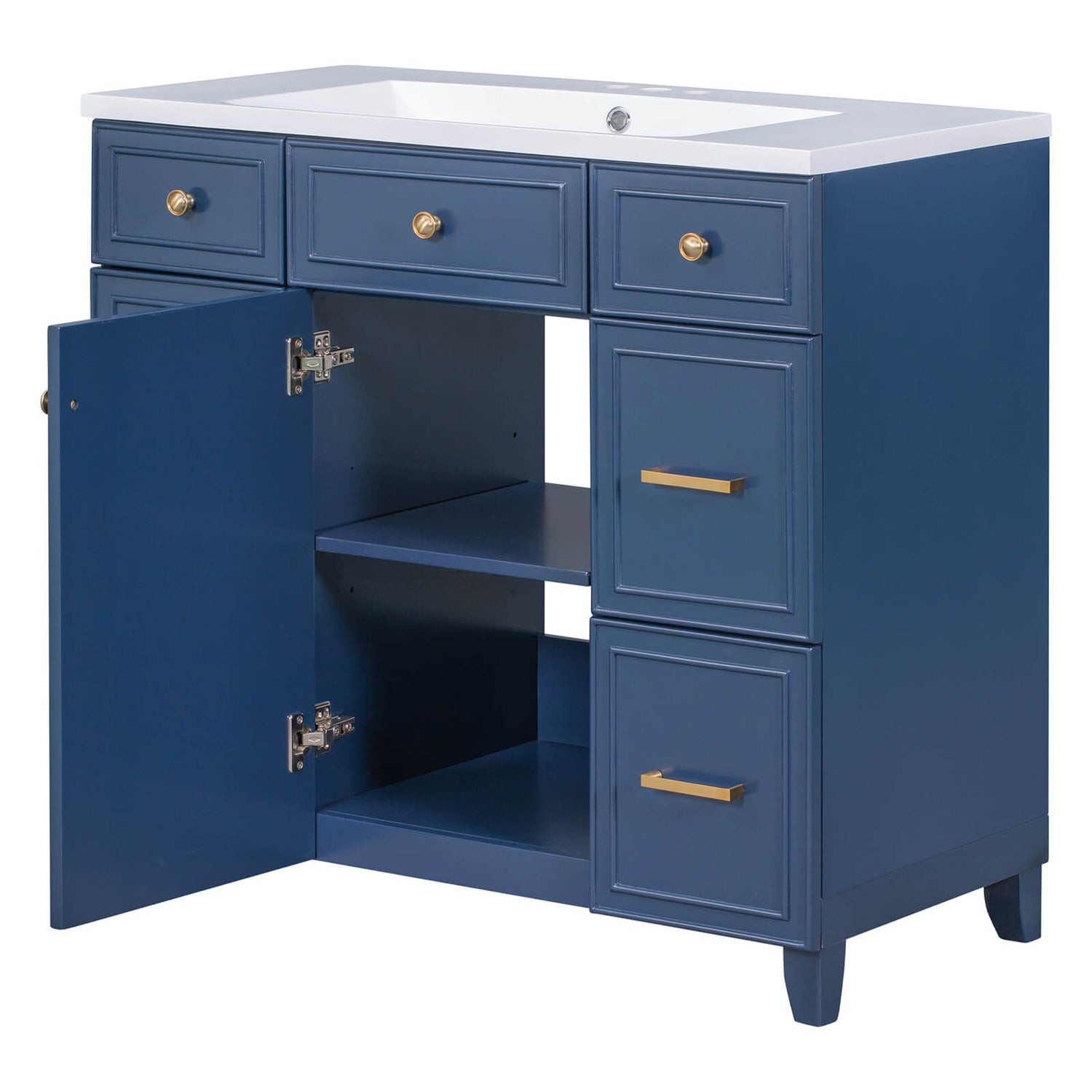 Luxury blue vanity with solid wood construction and spacious drawers