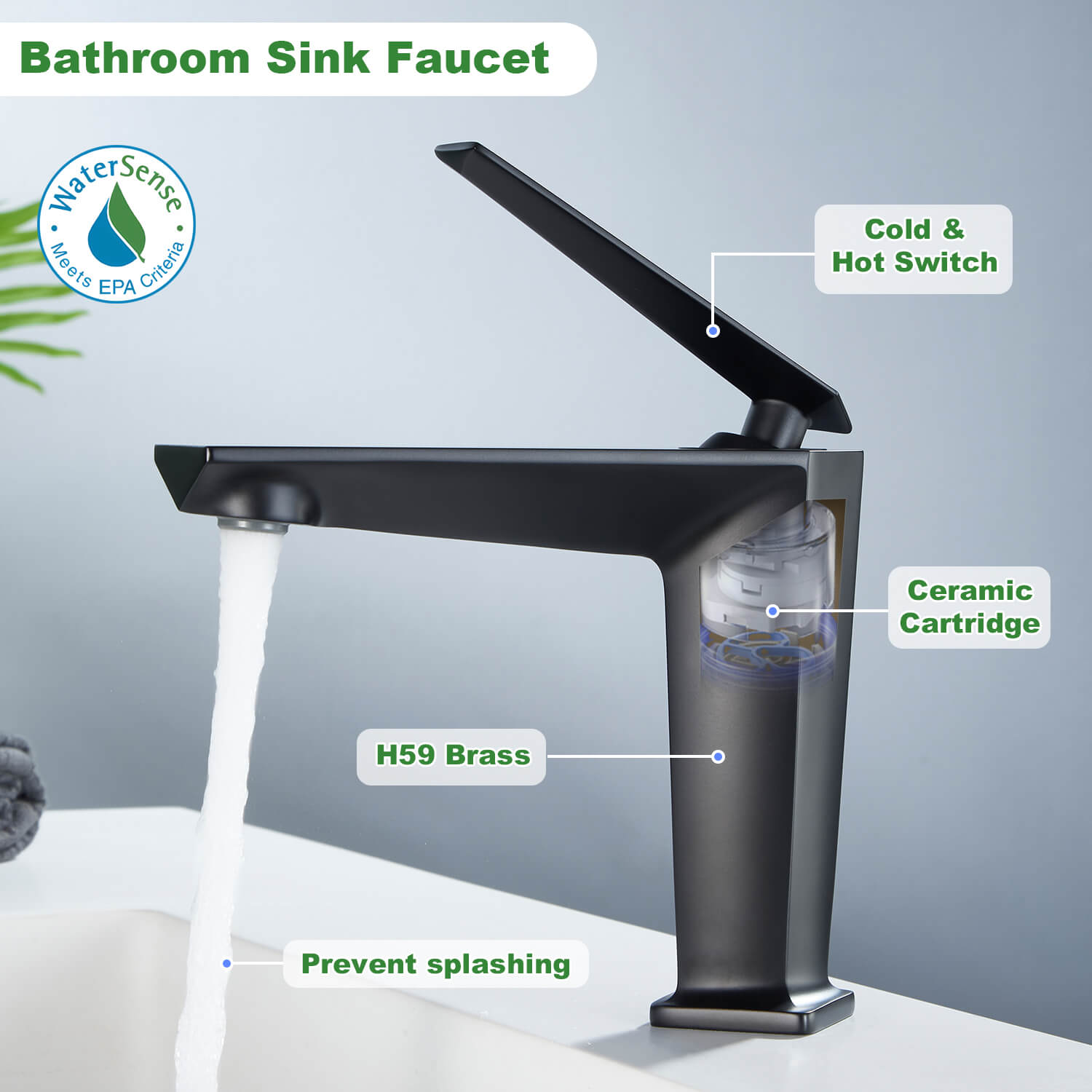 Material description of Matte Black Splashback Bathroom Faucet with Aerator