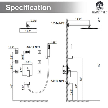 Matte Black Dimensions of the 6 Body Spray Wall Mounted Single Handle Shower System