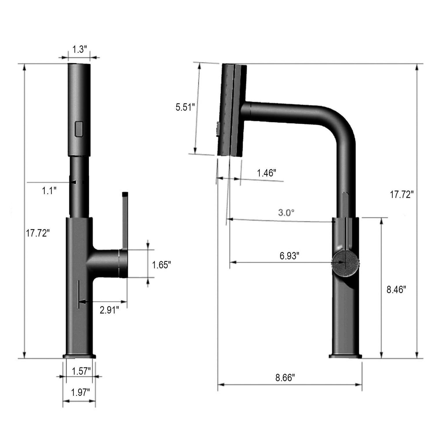 Matte Black Single Handle Pull Out Kitchen Faucet Dimensions and Specifications