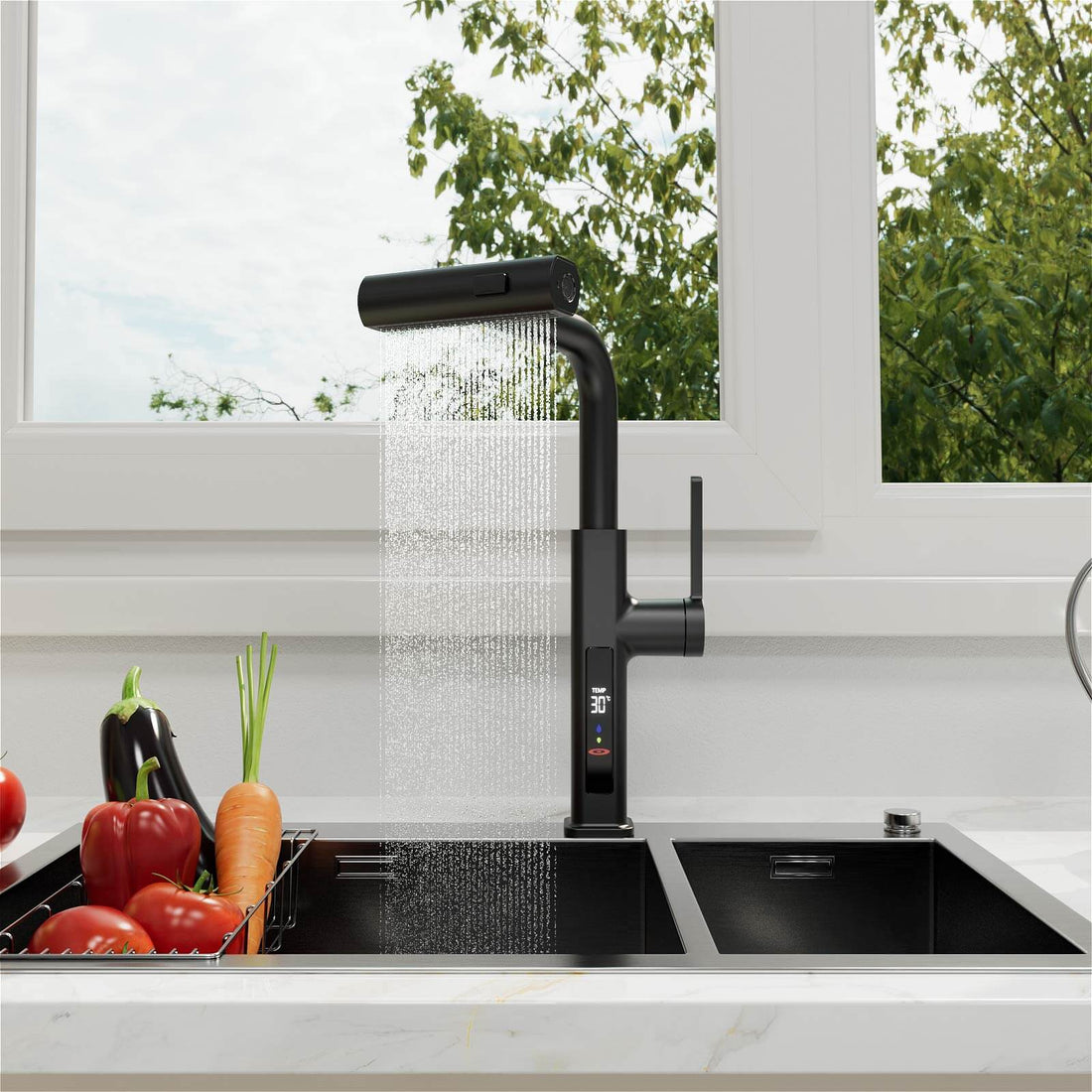 Matte black single handle pull out kitchen faucet waterfall detail