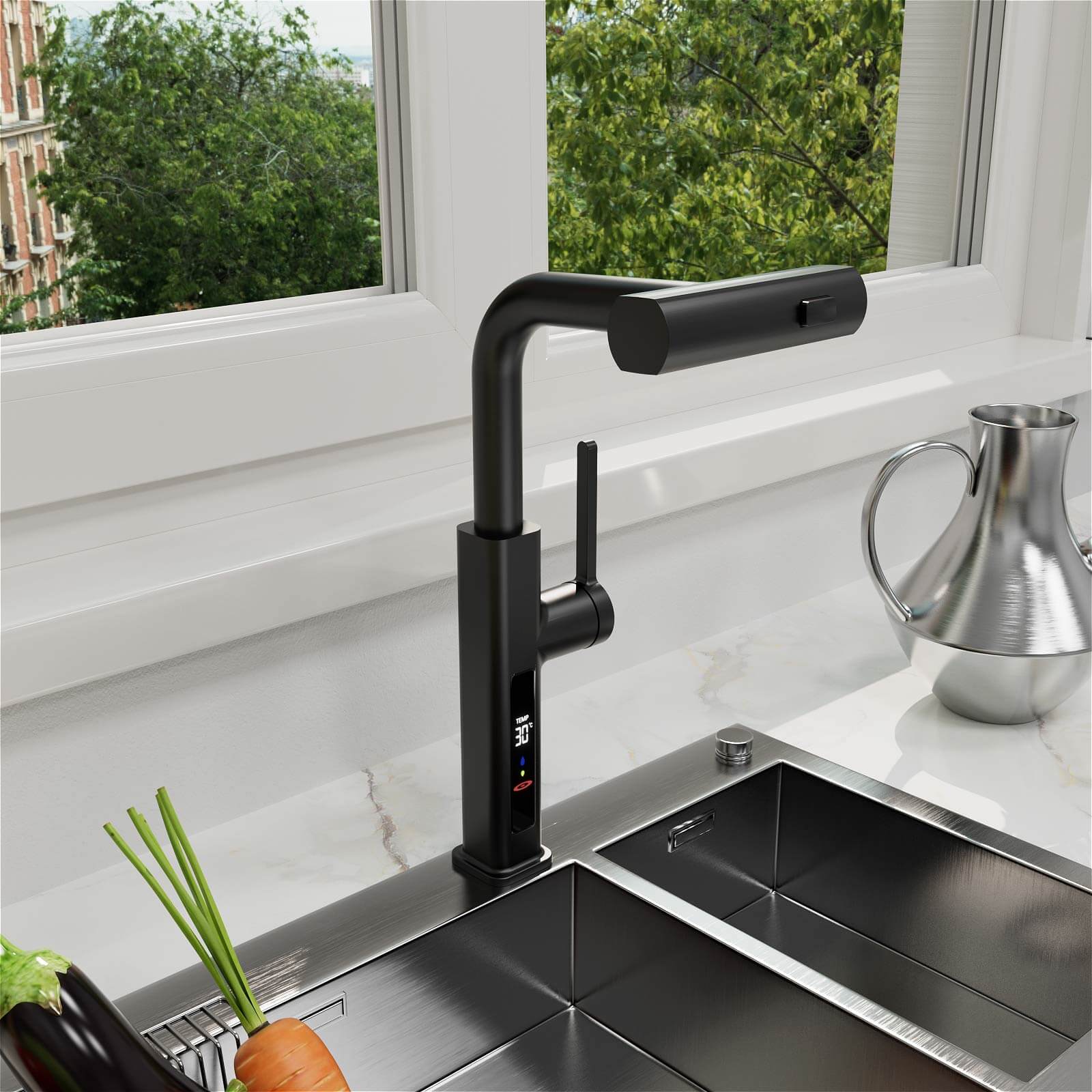 Matte black single handle pull out kitchen faucet with LED temperature display