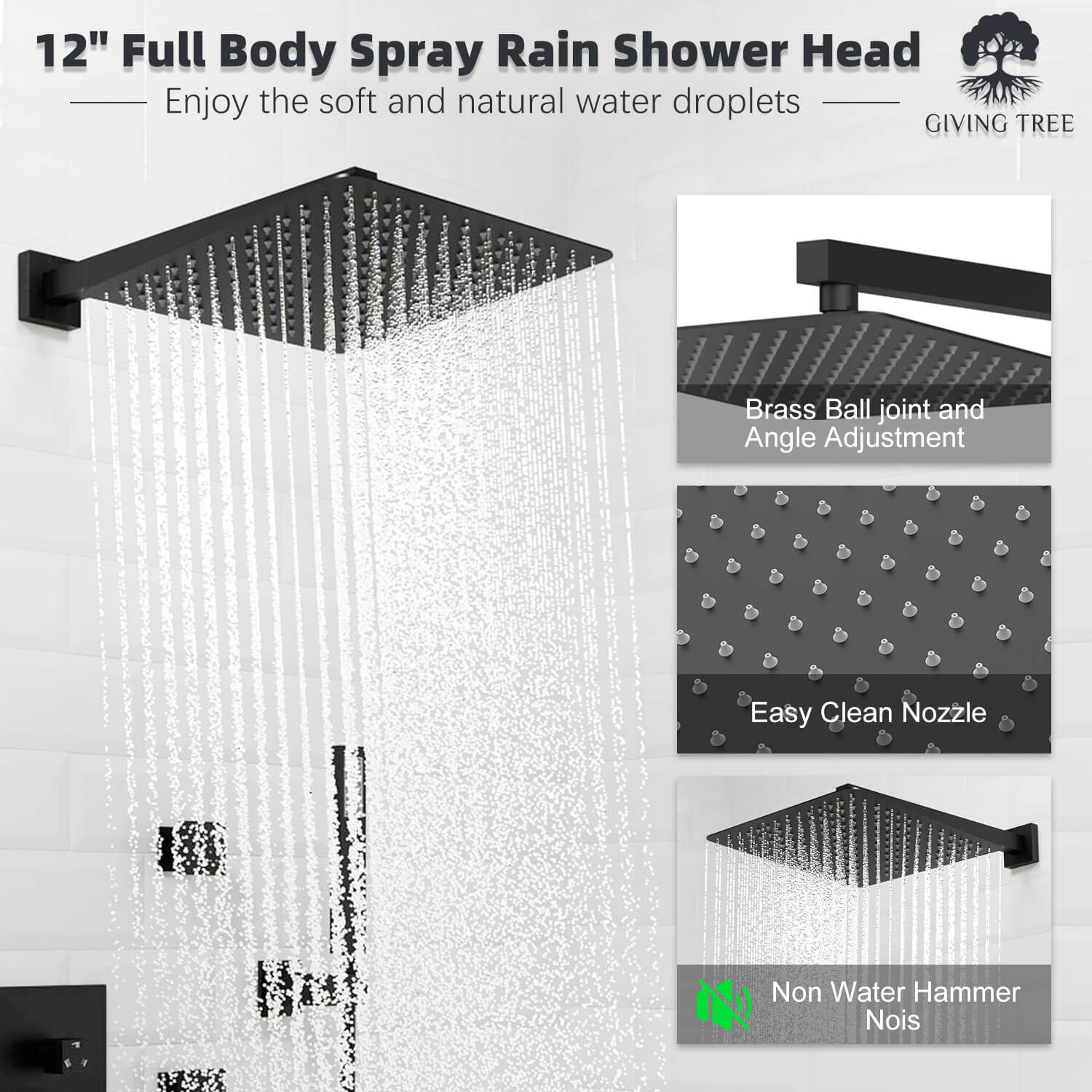 Matte black with 6 body spray heads Wall mounted single handle shower system Rain shower head detail
