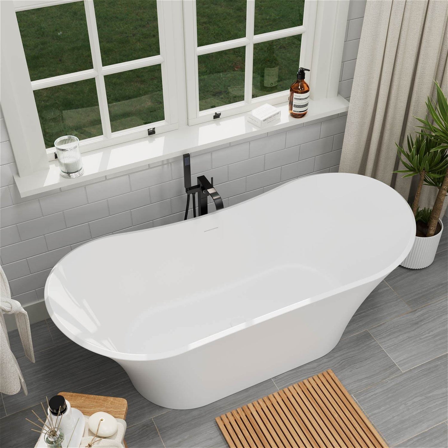 Matte finish solid surface bathtub with a modern aesthetic design