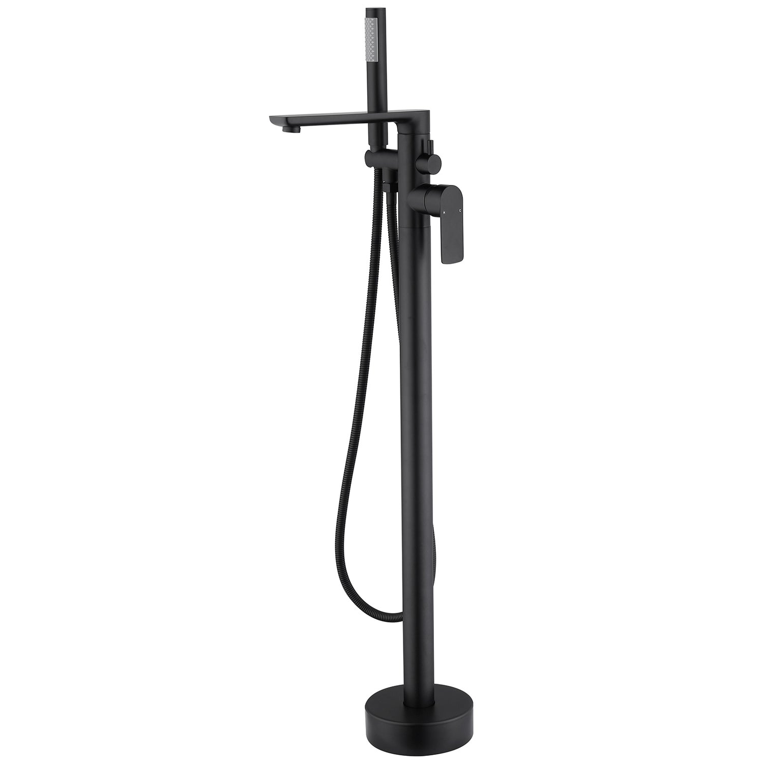 Matte Black Cylinder Hand Shower Freestanding Tub Faucet with Extended Horizontal Tap