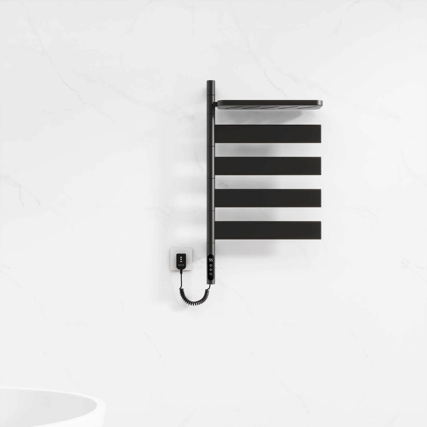 Matte black towel warmer with timer