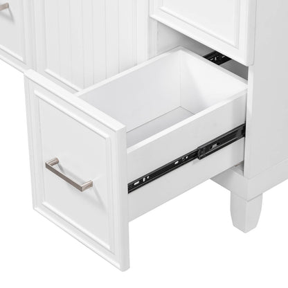 Minimalist white bathroom vanity with spacious storage drawers