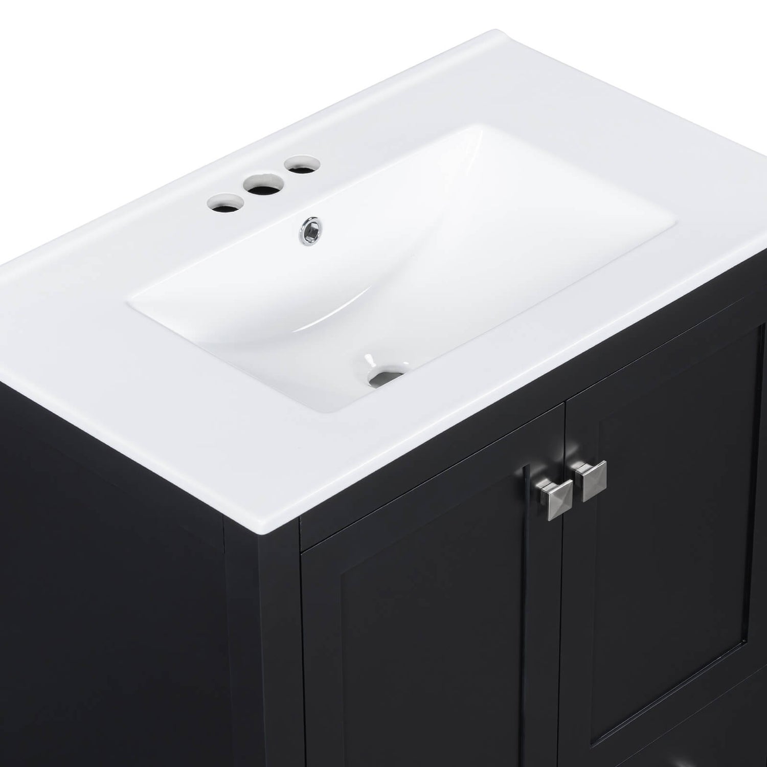 Minimalist black bathroom vanity with pre-drilled sink and faucet compatibility