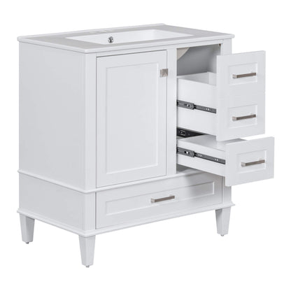 Minimalist white bathroom vanity with storage and solid wood frame