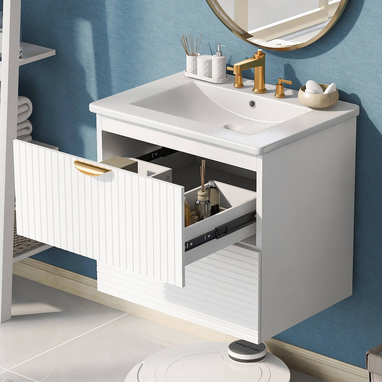 Minimalist white bathroom vanity with zinc alloy gold handles