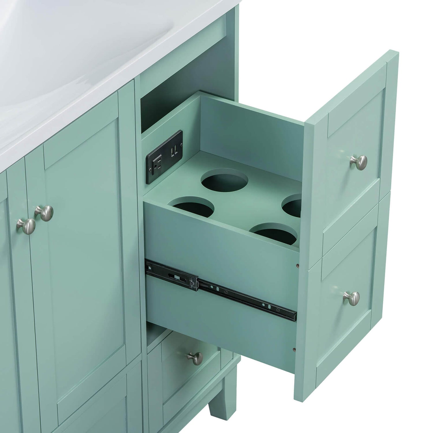 Mint green bathroom vanity with custom hairdryer storage