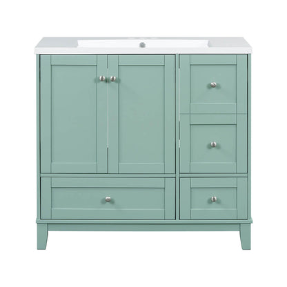 Mint green bathroom vanity with one door and three drawers