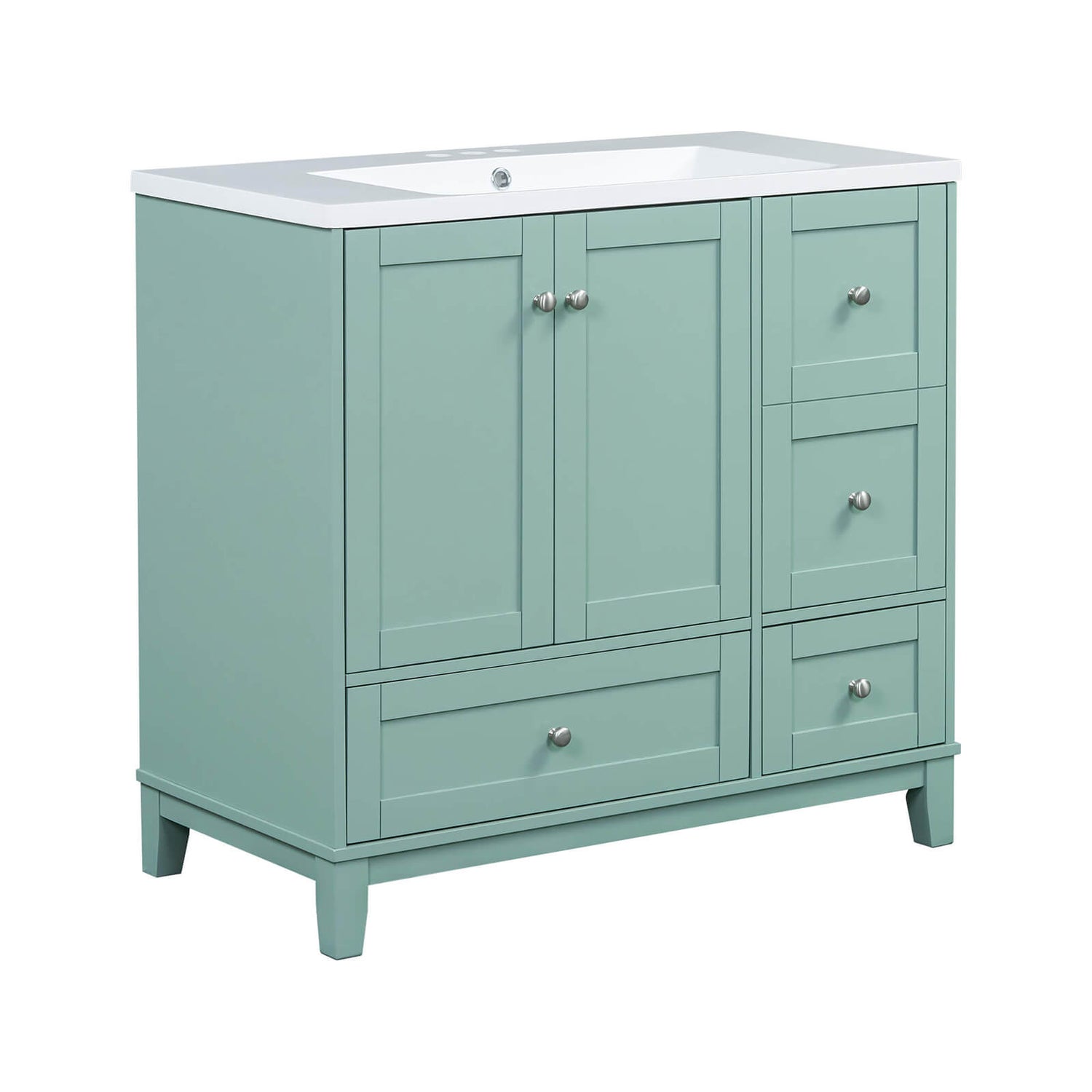 Mint green bathroom vanity with smooth soft-close drawers