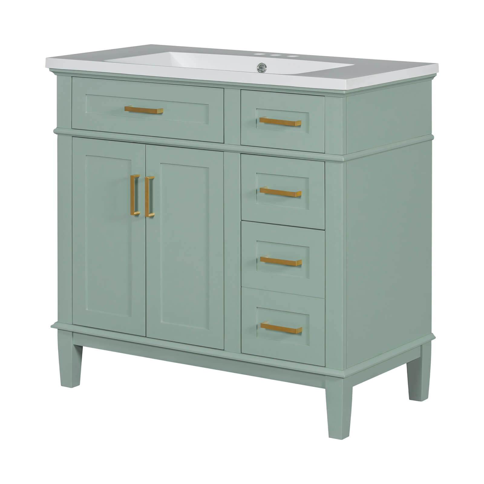 Mint green vanity with multiple drawer sizes for organized storage