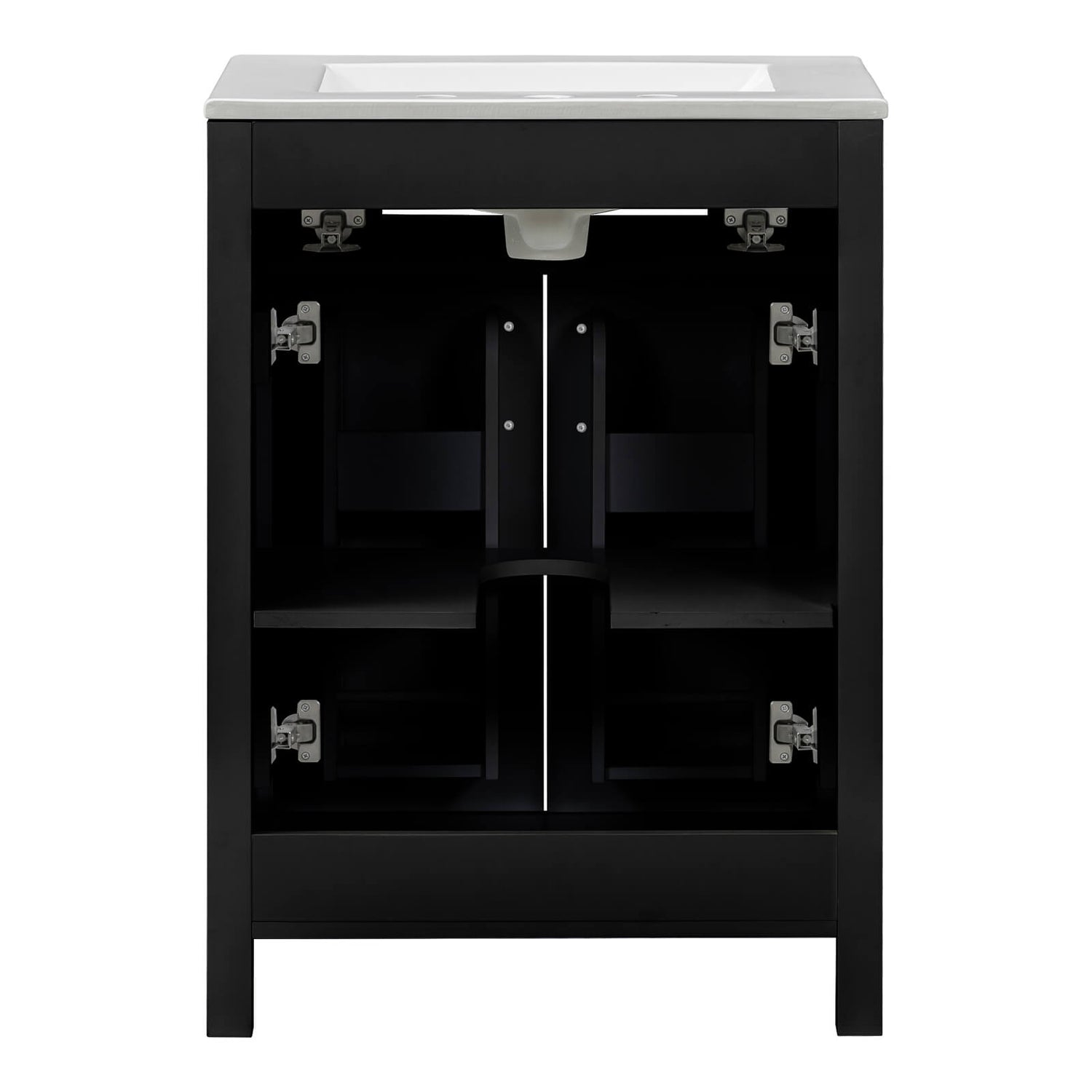 Modern 24 inch Black Vanity with integrated storage rack inside door for small spaces