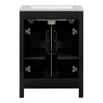 Modern 24 inch Black Vanity with integrated storage rack inside door for small spaces