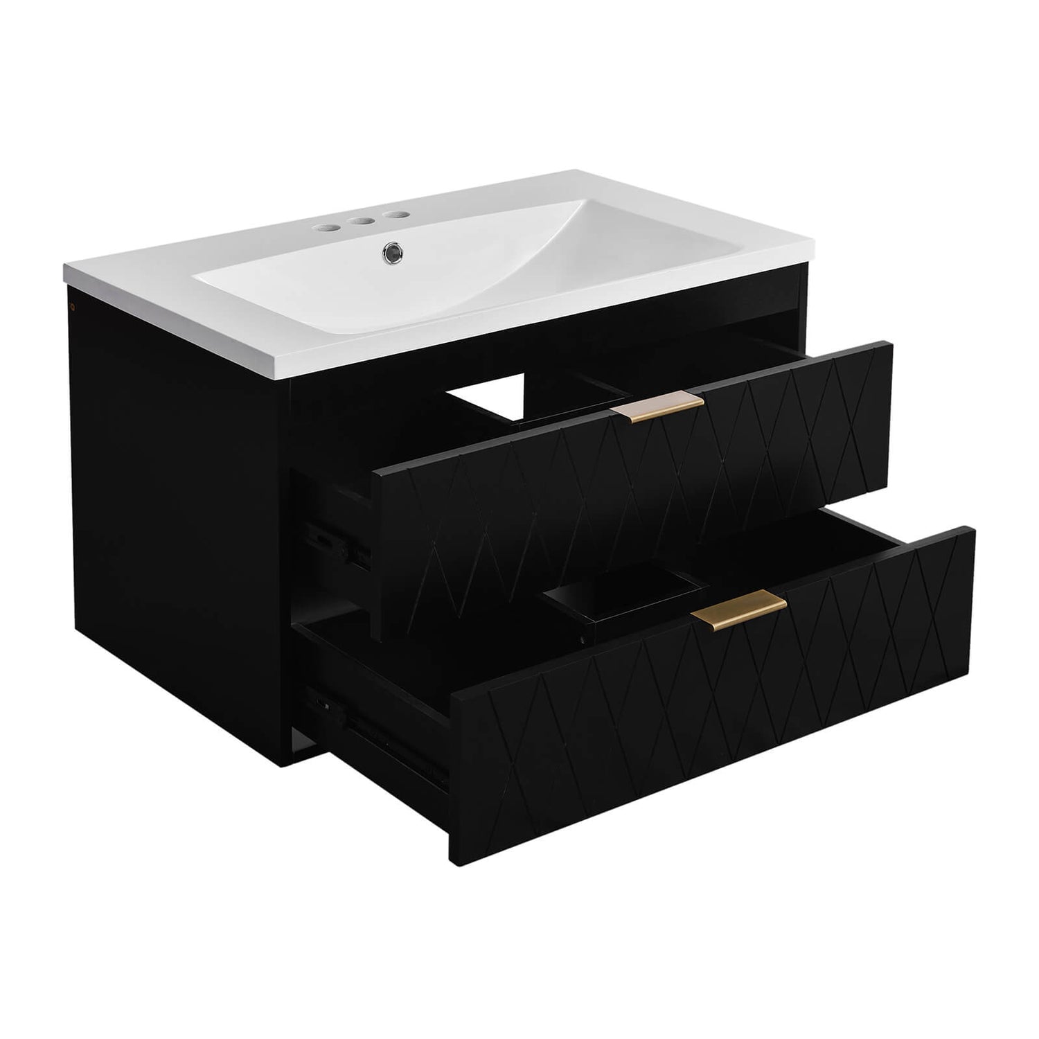 Modern 30 inch black bathroom vanity with resin sink and gold hardware