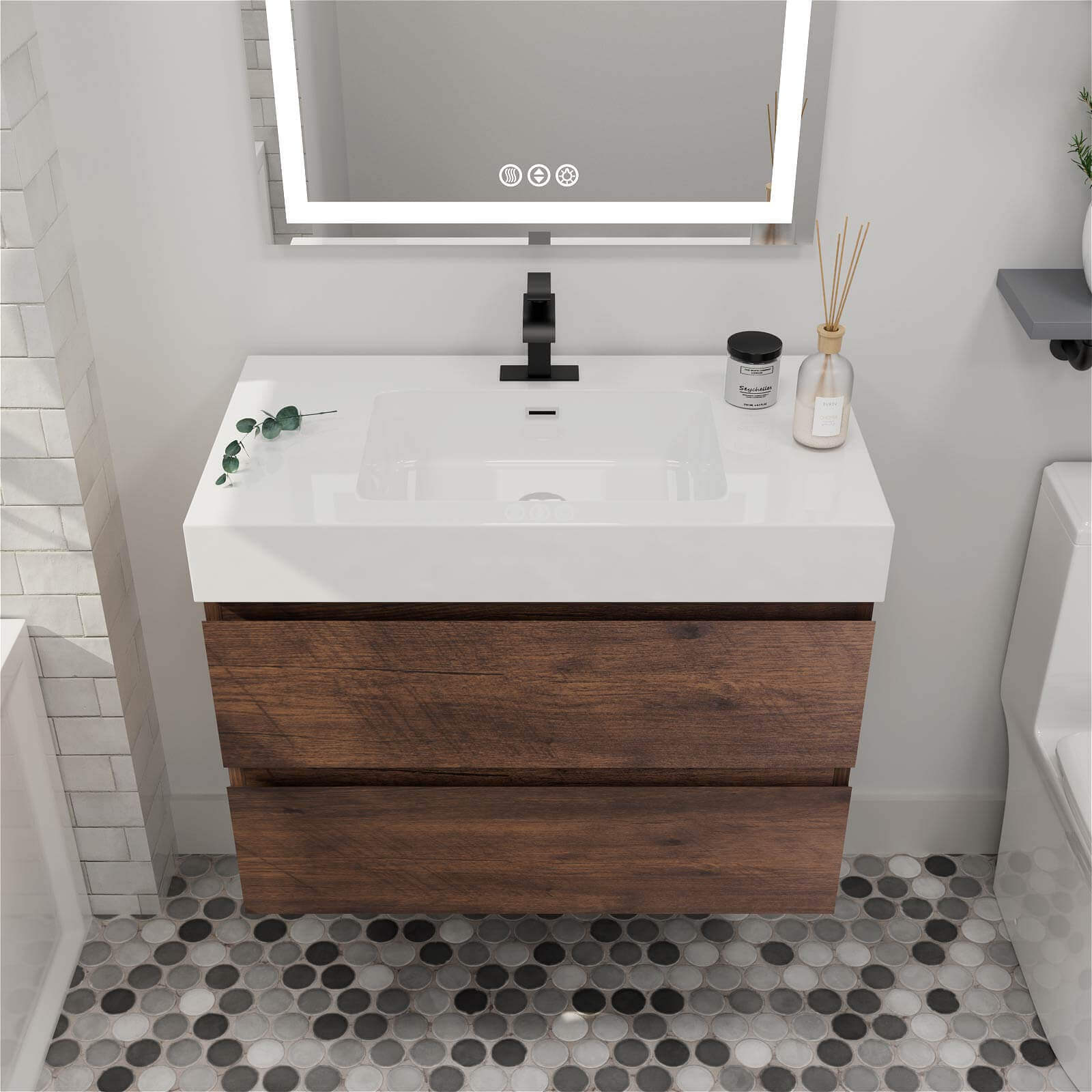 Modern 36 inch Floating Walnut Vanity with White Single Sink