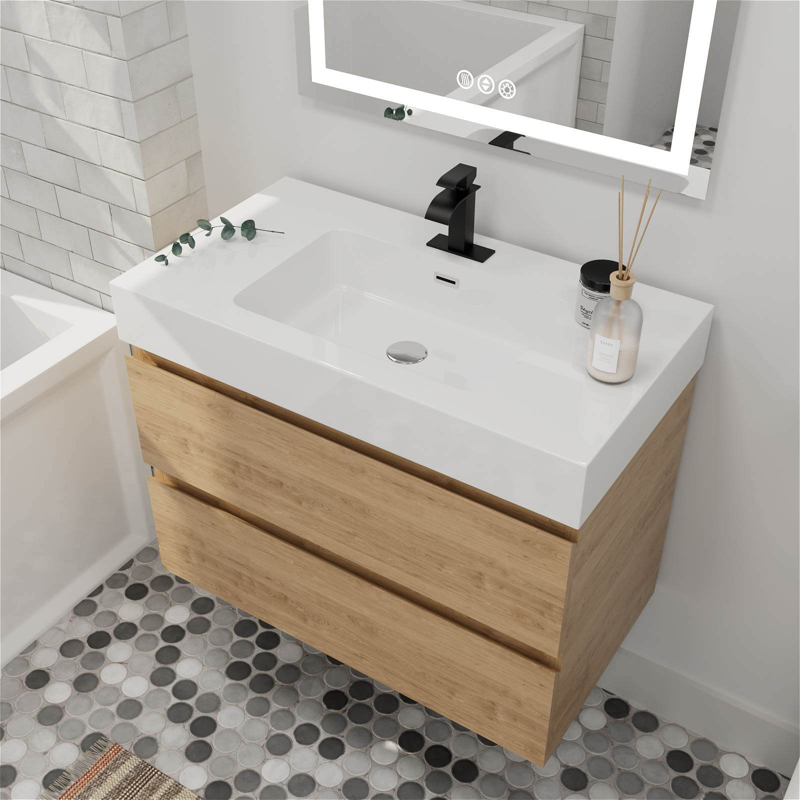 Modern 36 inch Oak Vanity with White Single Sink