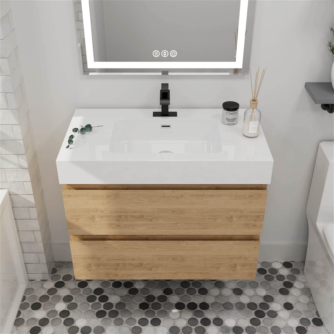 Modern 36 inch Oak Vanity with White Sink and Sleek Design