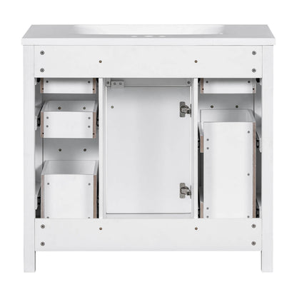 Modern 36 inch white vanity with shallow and deep drawers for organized storage