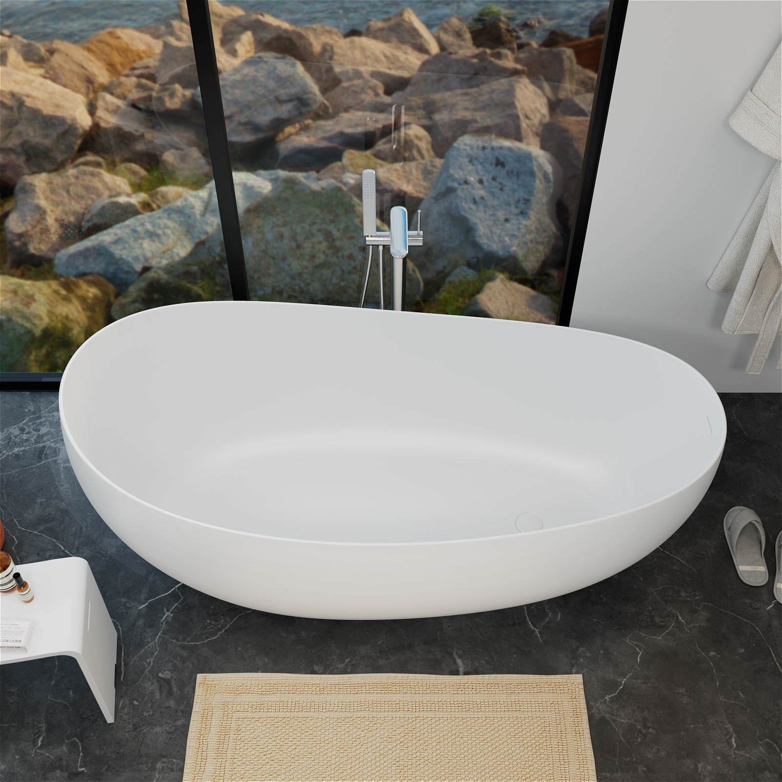 Modern 63 inch soaking tub with smooth lines and a solid surface material