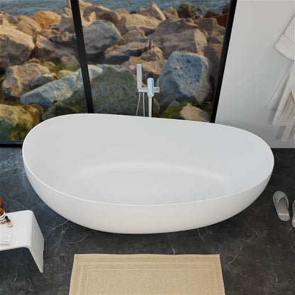 Modern 63 inch soaking tub with smooth lines and a solid surface material