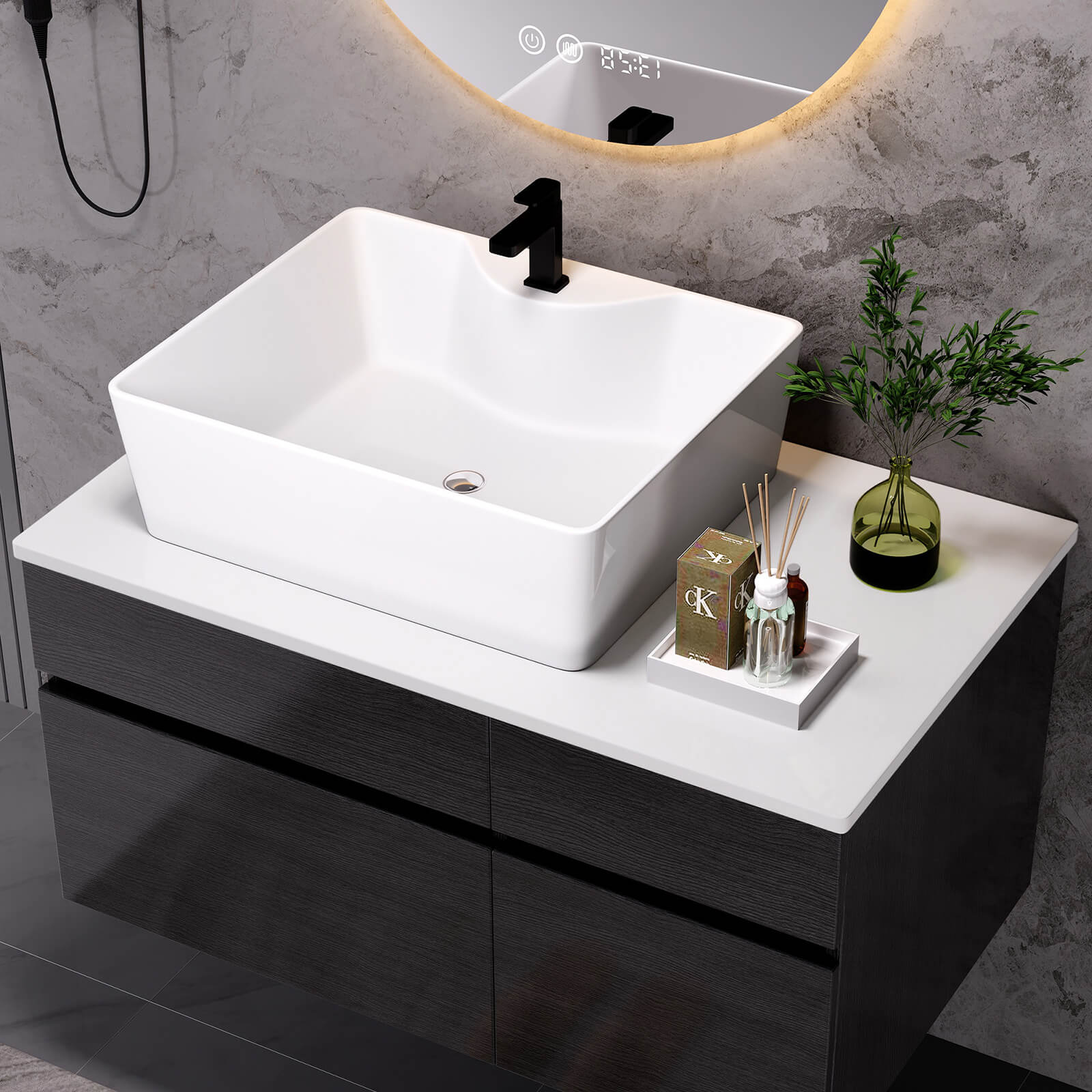 Modern Bathroom Vanity with Vessel Sink and Engineered Stone Countertop