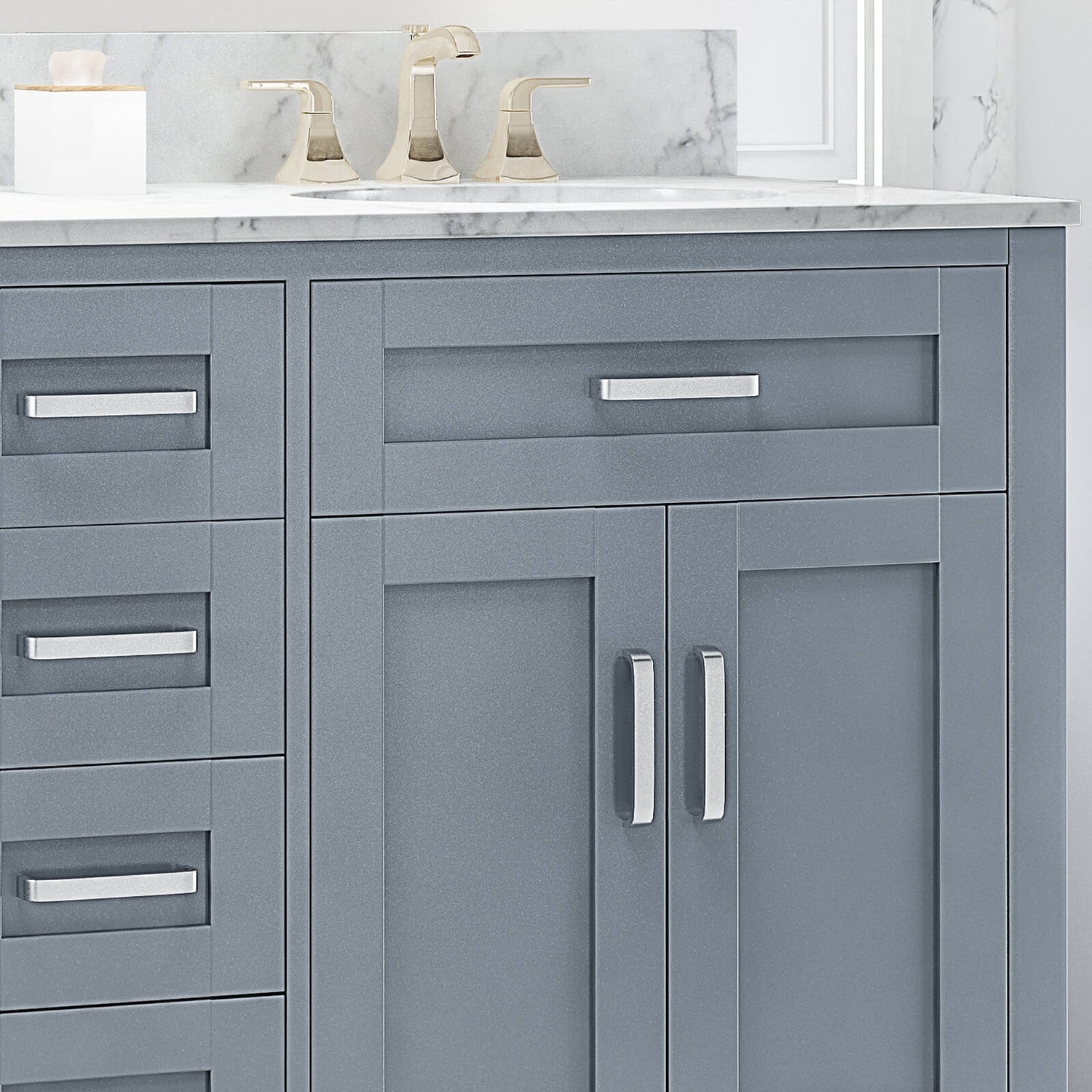 Modern Blue Grey Bathroom Vanity with Soft Close Drawers and Faux Handles