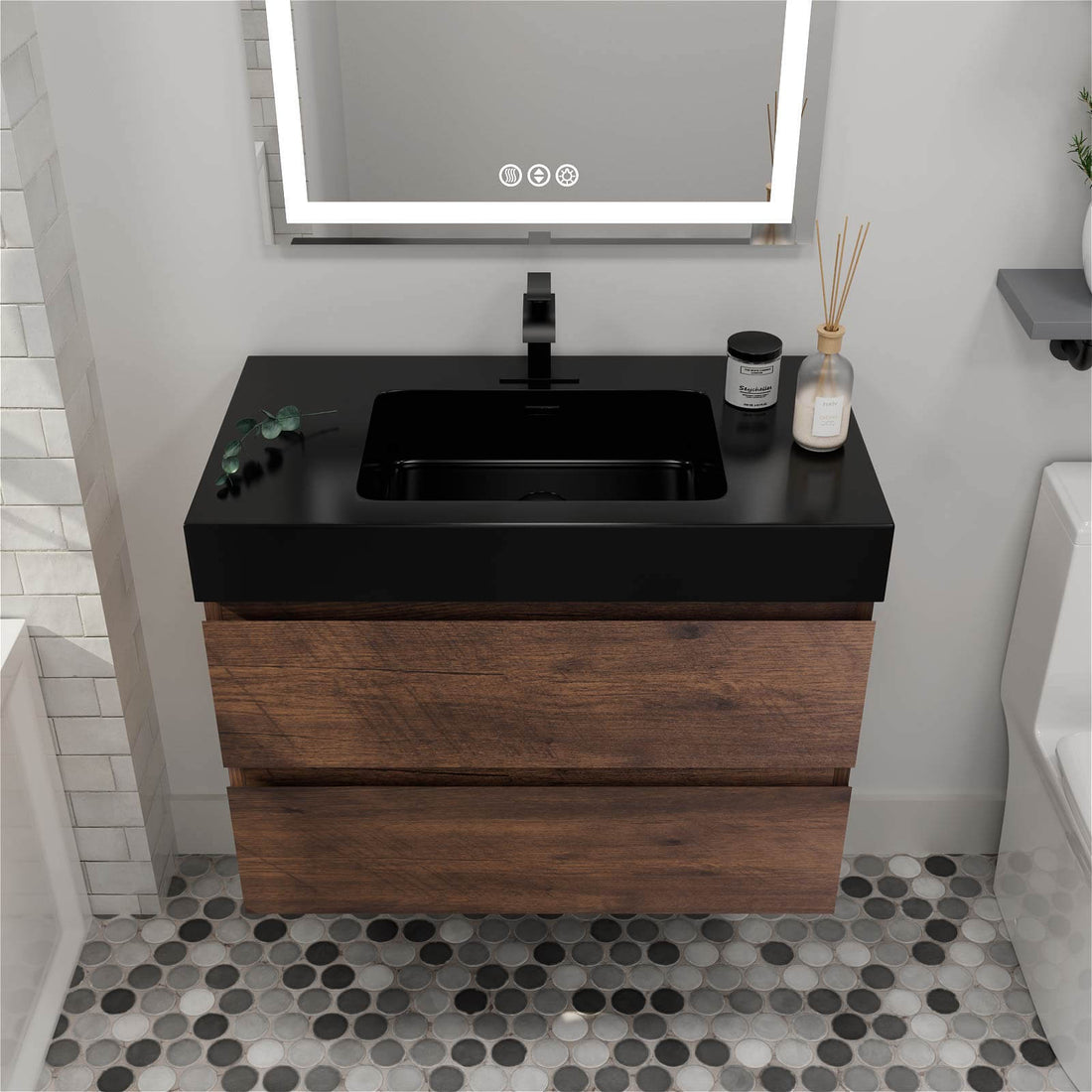 Modern Walnut Bathroom Vanity with Black Solid Surface Sink