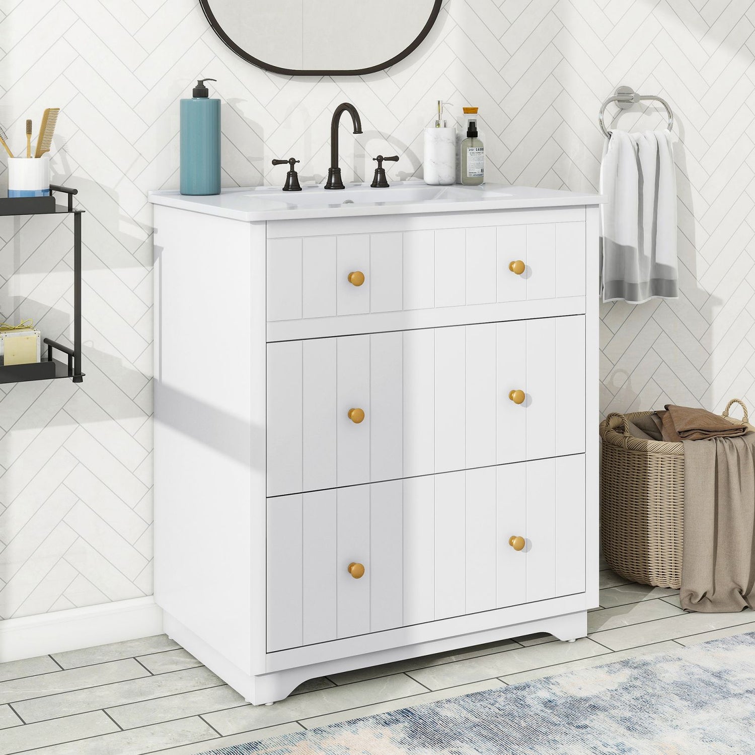 Modern White Bathroom Vanity Cabinet with Dual Drawers and Optional Sink