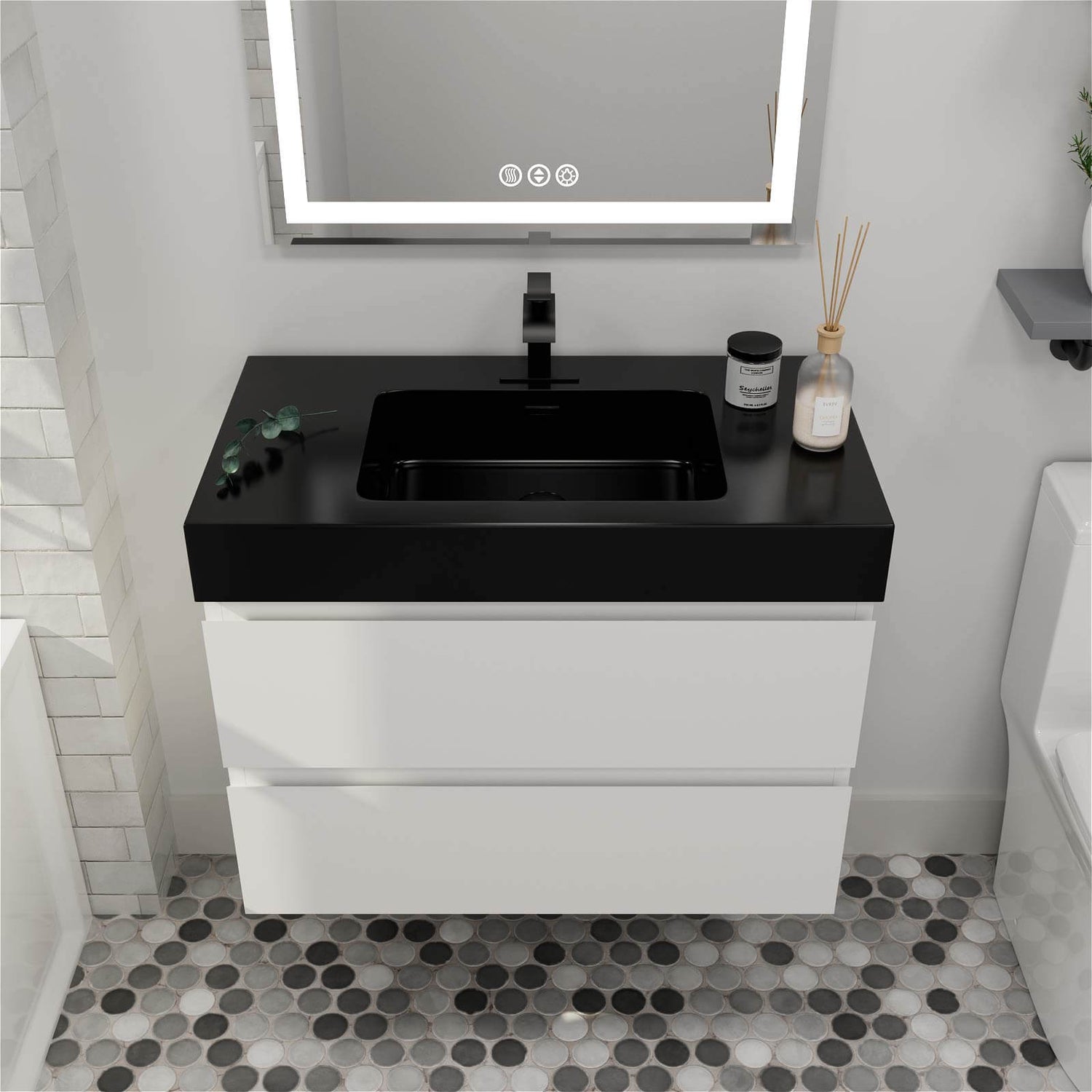 Modern White Bathroom Vanity with Bold Black Sink